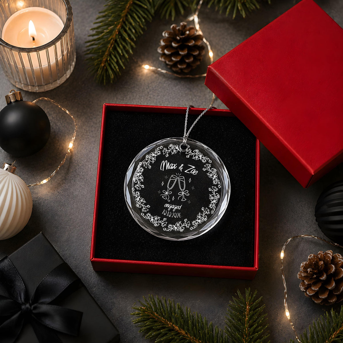 Personalized Engraved Engagement Round Ornament, Cute Champagne Glass Design Engaged Keepsake