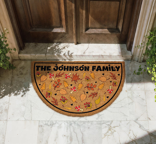 Personalized Family Name Fall Doormat, Autumn Leaves Thanksgiving Welcome Mat