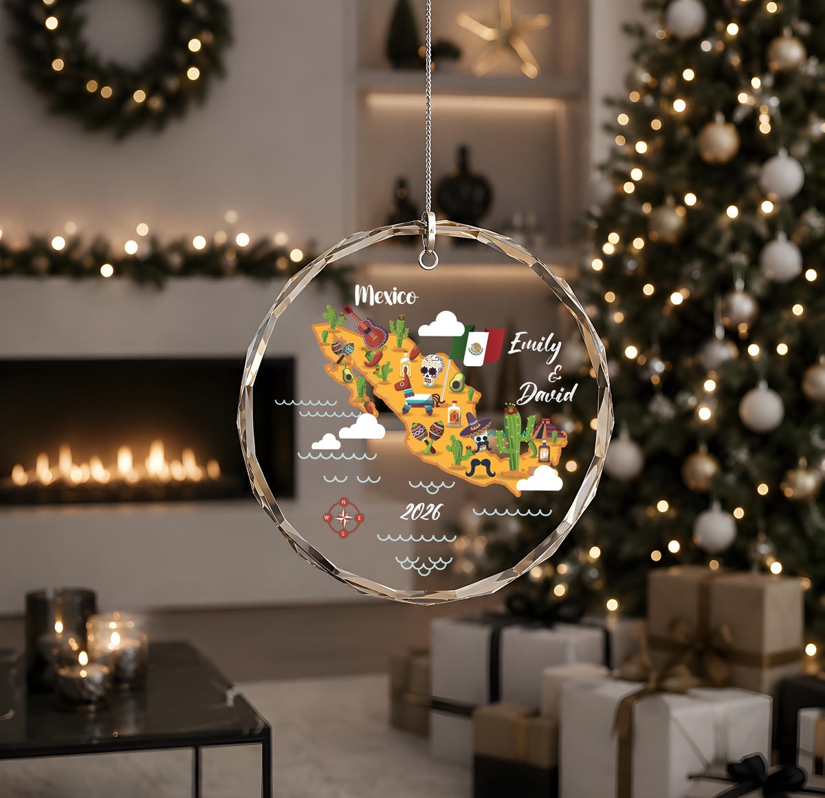 Personalized Couple Mexico Vacation Glass Ornament, Custom Name Honeymoon Destination Keepsake