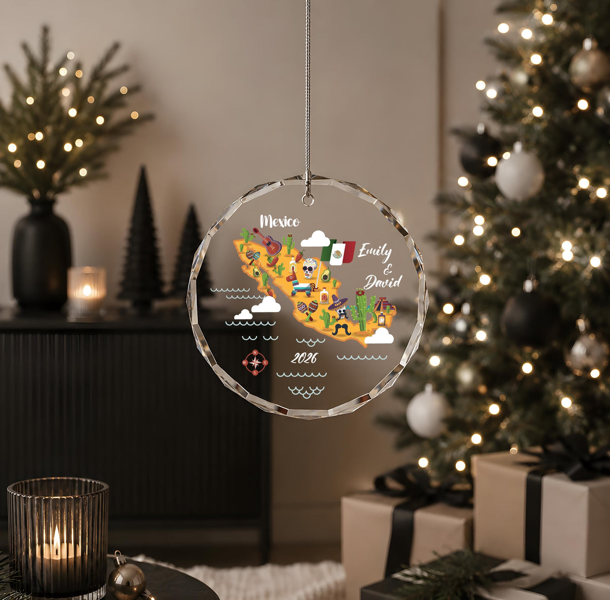 Personalized Couple Mexico Vacation Glass Ornament, Custom Name Honeymoon Destination Keepsake