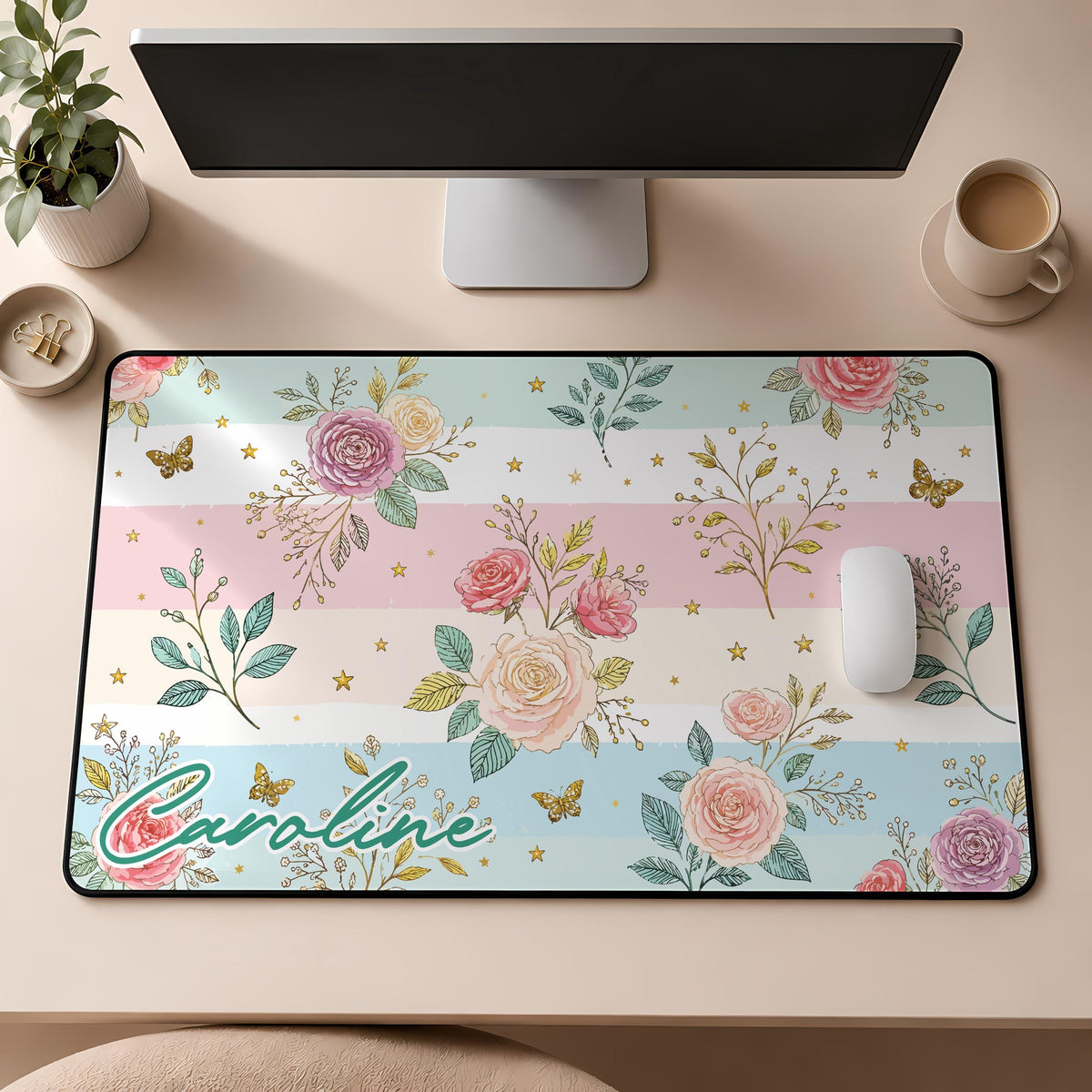 Personalized Floral Desk Mat, Custom Name Mouse Pad, Women Cute Office Decor, Coworker Gift