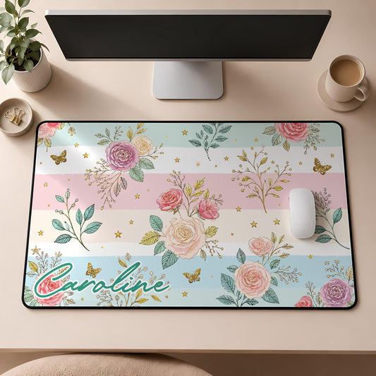 Personalized Floral Desk Mat, Custom Name Mouse Pad, Women Cute Office Decor, Coworker Gift