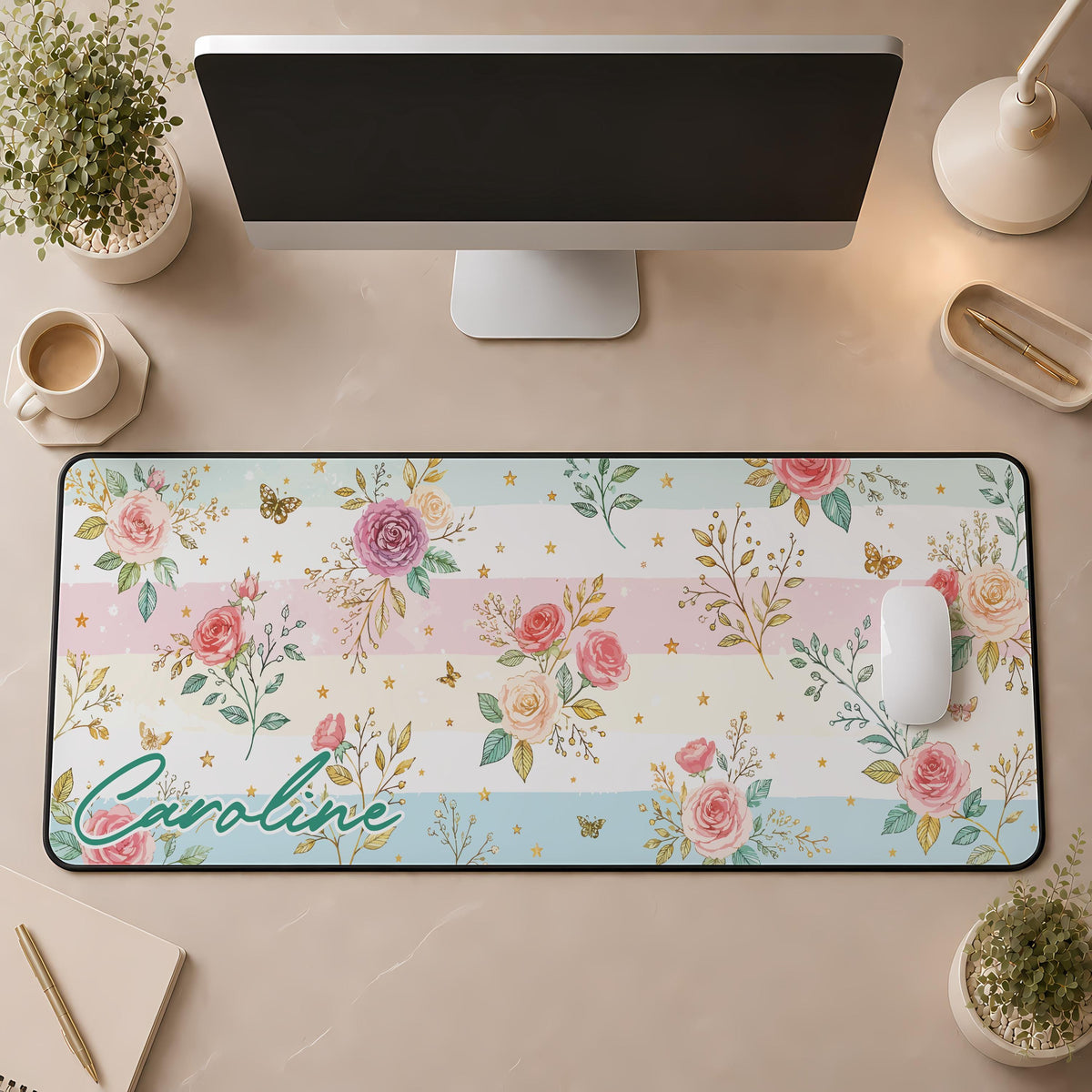 Personalized Floral Desk Mat, Custom Name Mouse Pad, Women Cute Office Decor, Coworker Gift