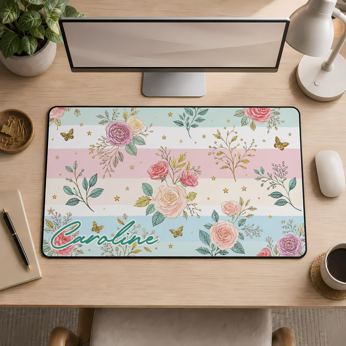 Personalized Floral Desk Mat, Custom Name Mouse Pad, Women Cute Office Decor, Coworker Gift
