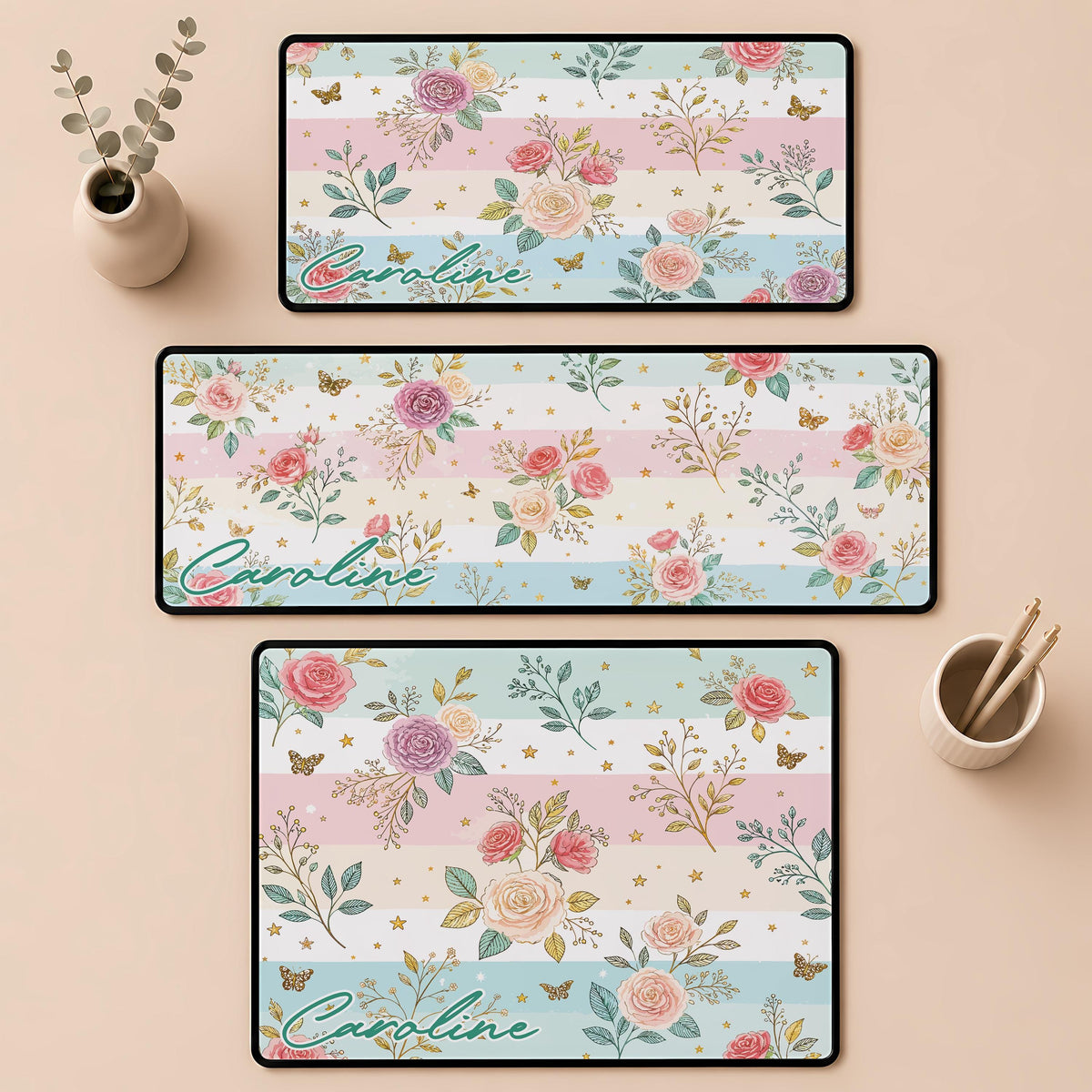 Personalized Floral Desk Mat, Custom Name Mouse Pad, Women Cute Office Decor, Coworker Gift