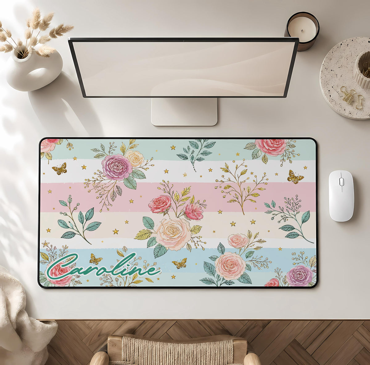 Personalized Floral Desk Mat, Custom Name Mouse Pad, Women Cute Office Decor, Coworker Gift