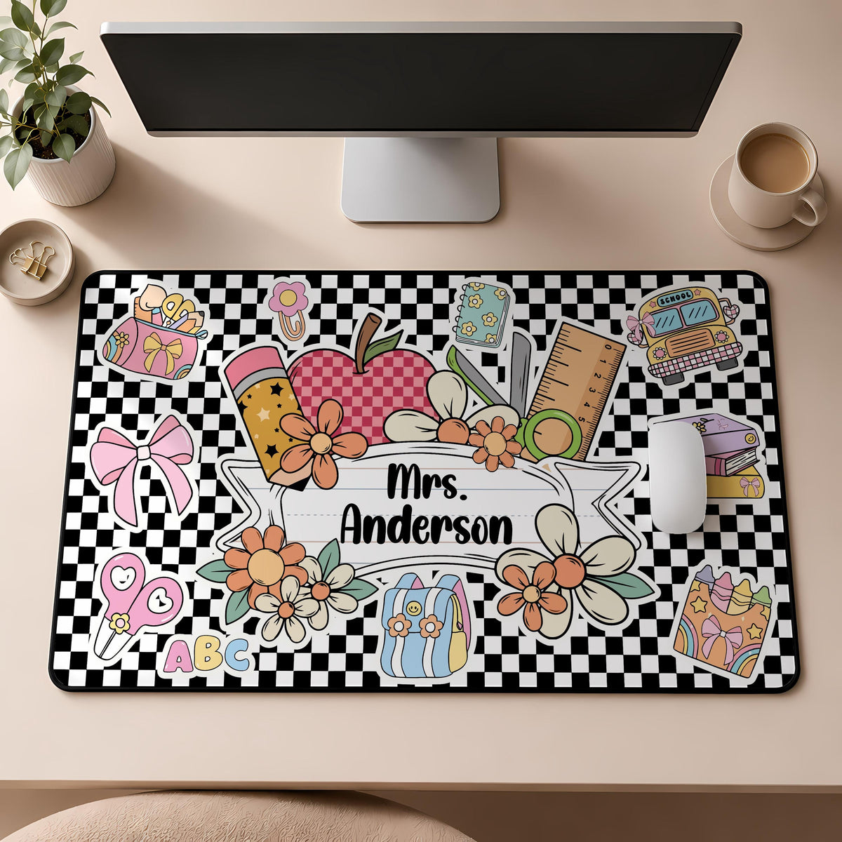 Personalized Teacher Name Desk Mat, Checkerboard Teachers Mousepad, Classroom Decor