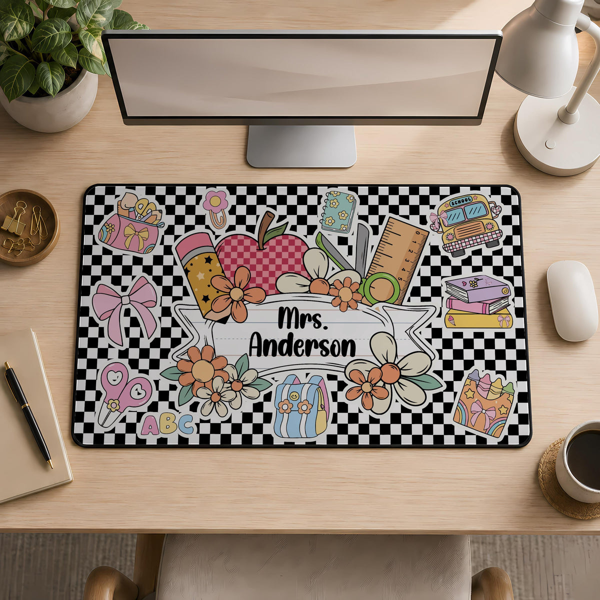 Personalized Teacher Name Desk Mat, Checkerboard Teachers Mousepad, Classroom Decor
