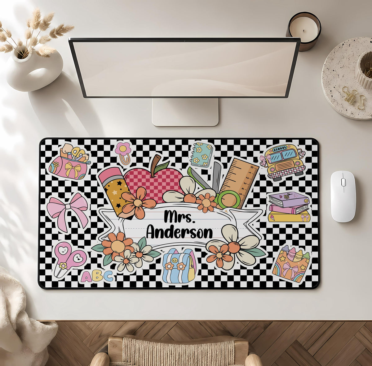 Personalized Teacher Name Desk Mat, Checkerboard Teachers Mousepad, Classroom Decor