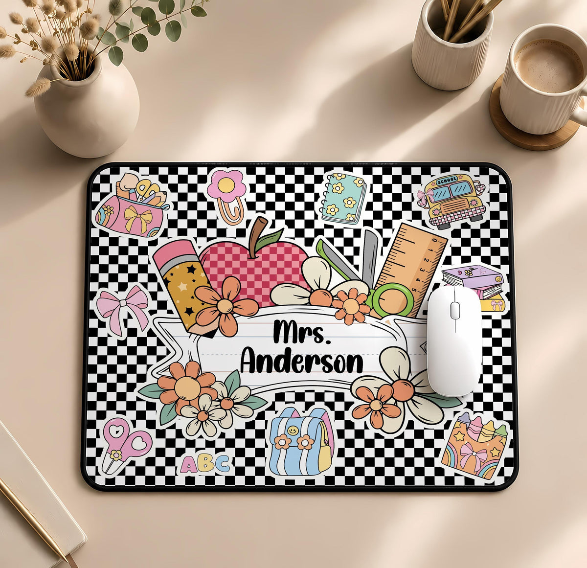 Personalized Teacher Name Desk Mat, Checkerboard Teachers Mousepad, Classroom Decor