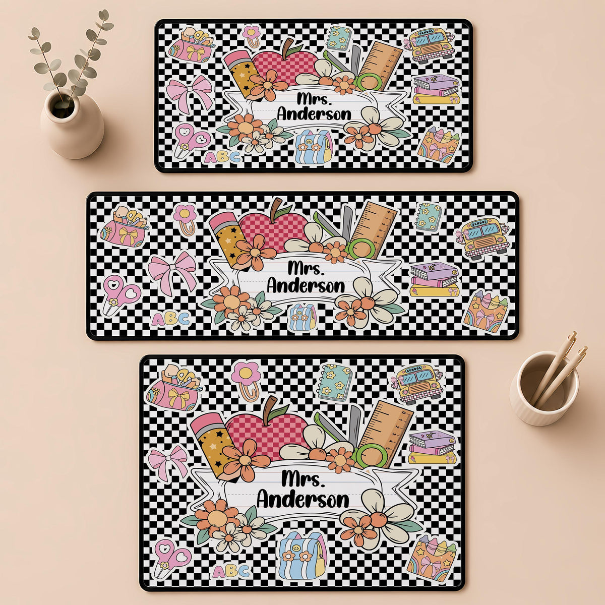 Personalized Teacher Name Desk Mat, Checkerboard Teachers Mousepad, Classroom Decor