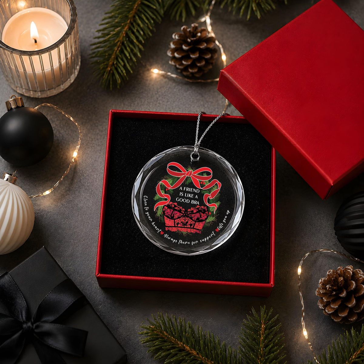 Funny A Friend Is Like A Good Bra Round Ornament, Best Friend Humor Christmas Keepsake