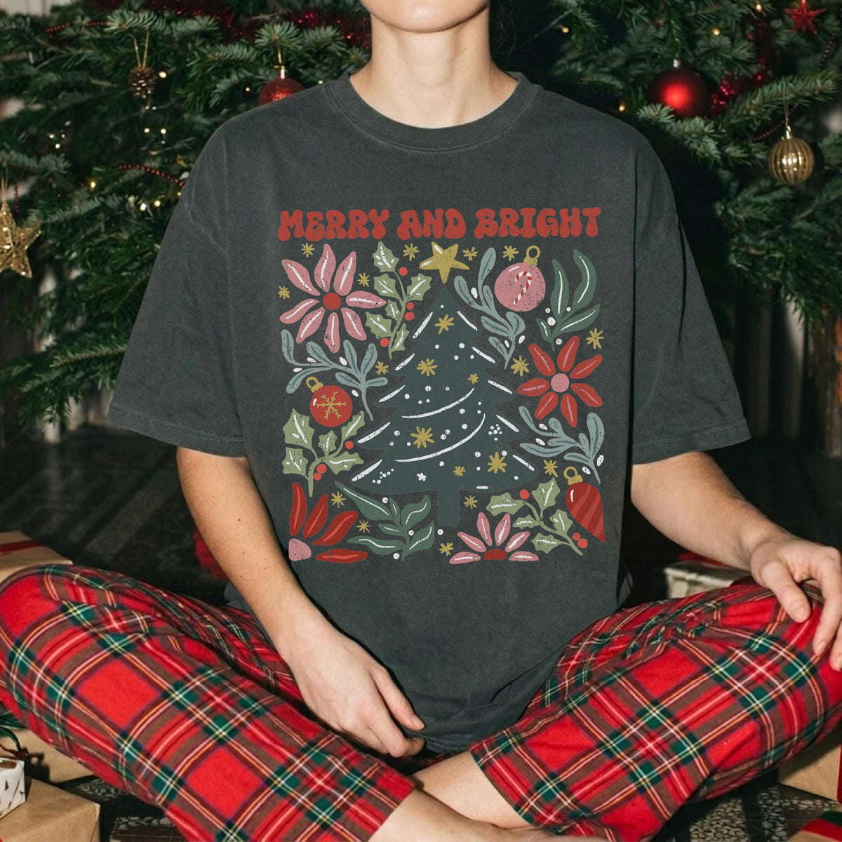 Merry and Bright Comfort Colors® Shirt, Christmas Tree T-Shirt, Floral Christmas Tee, Retro Holiday Shirt
