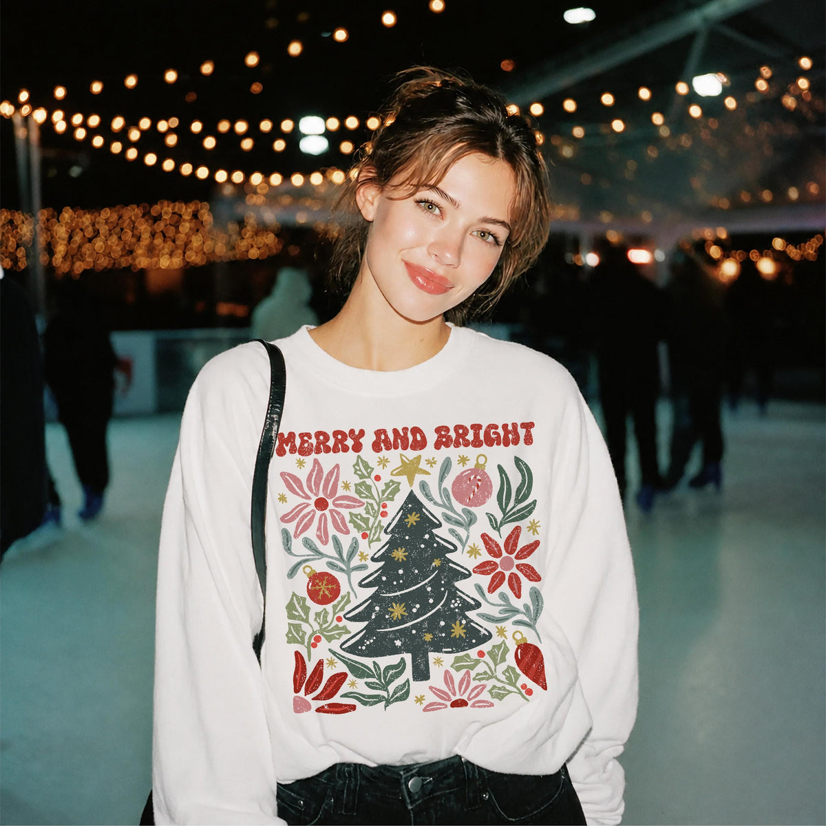 Merry and Bright Sweatshirt, Christmas Tree Crewneck, Retro Holiday Sweatshirt, Floral Christmas Sweater