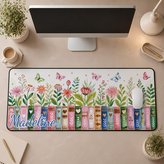 Personalized Name Book Lover Desk Mat, Floral Bookshelf Bookish Accessories