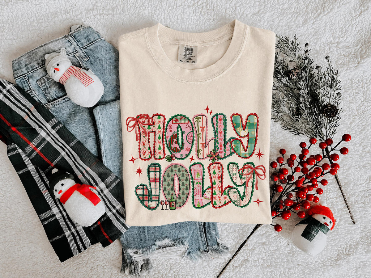 Holly Jolly Comfort Colors® Shirt, Christmas T-Shirt, Holiday Party Tee, Festive Xmas Shirt, Christmas Bow Tee