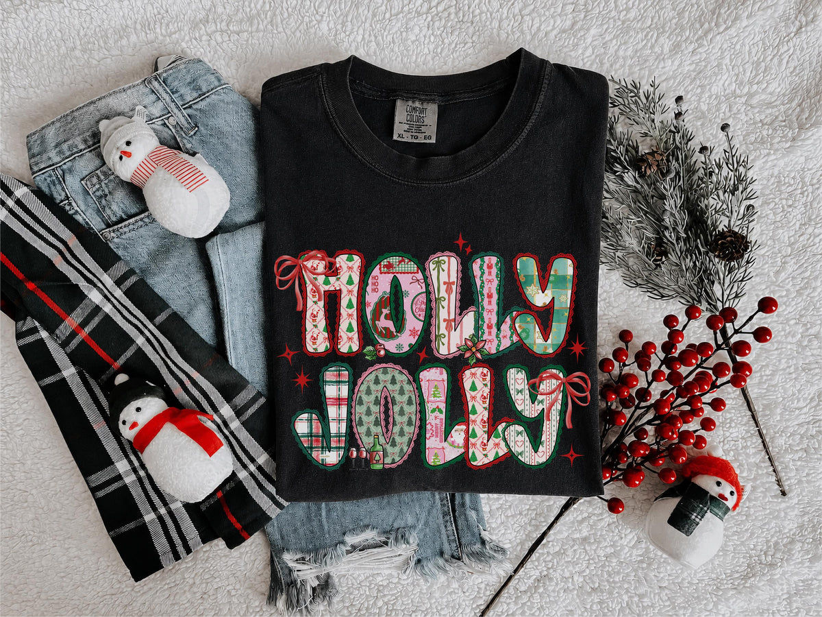 Holly Jolly Comfort Colors® Shirt, Christmas T-Shirt, Holiday Party Tee, Festive Xmas Shirt, Christmas Bow Tee