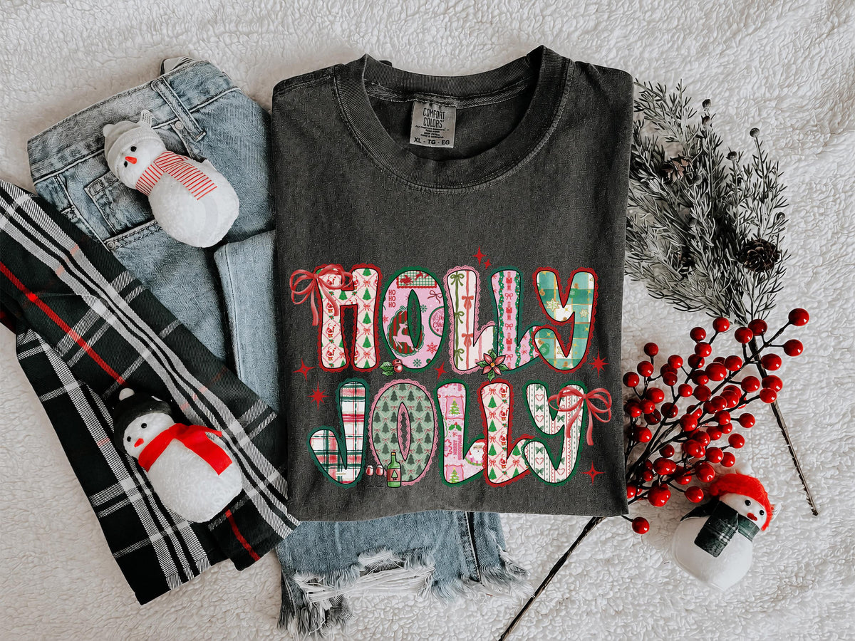 Holly Jolly Comfort Colors® Shirt, Christmas T-Shirt, Holiday Party Tee, Festive Xmas Shirt, Christmas Bow Tee