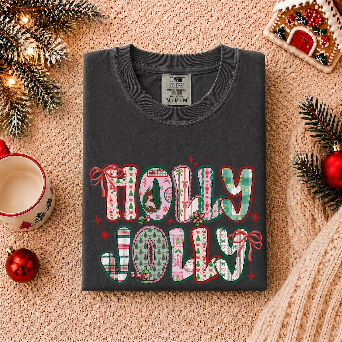 Holly Jolly Comfort Colors® Shirt, Christmas T-Shirt, Holiday Party Tee, Festive Xmas Shirt, Christmas Bow Tee