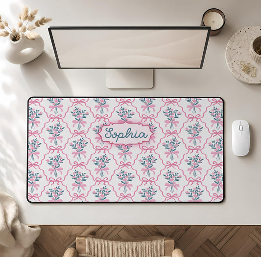 Personalized Name Coquette Pink Bow Desk Mat, Floral Preppy Mousepad