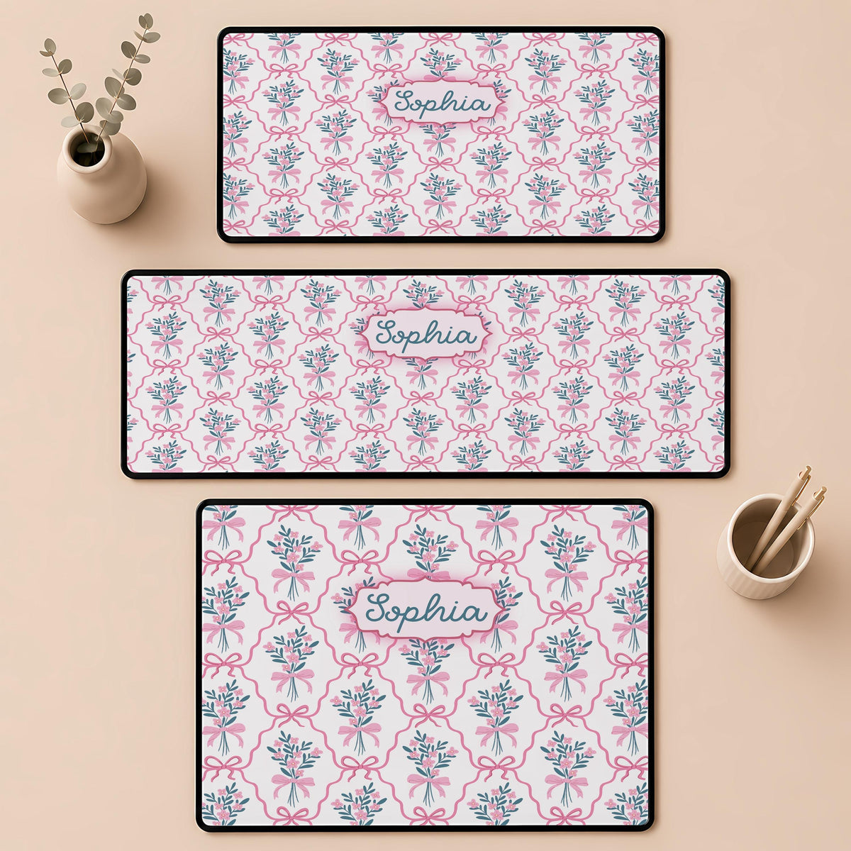 Personalized Name Coquette Pink Bow Desk Mat, Floral Preppy Mousepad