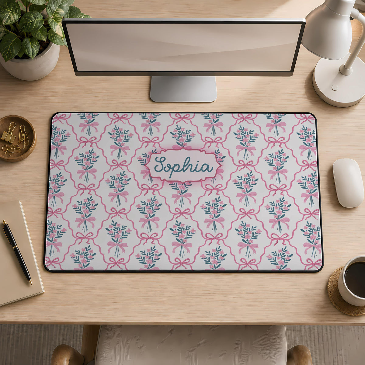 Personalized Name Coquette Pink Bow Desk Mat, Floral Preppy Mousepad
