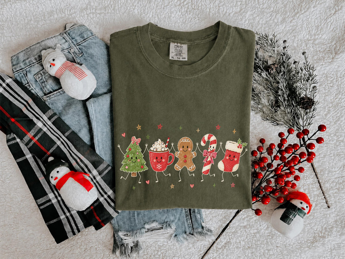 Christmas Doodles Comfort Colors® Shirt, Gingerbread Cookie T-Shirt, Candy Cane Holiday Tee, Christmas Friends Shirt