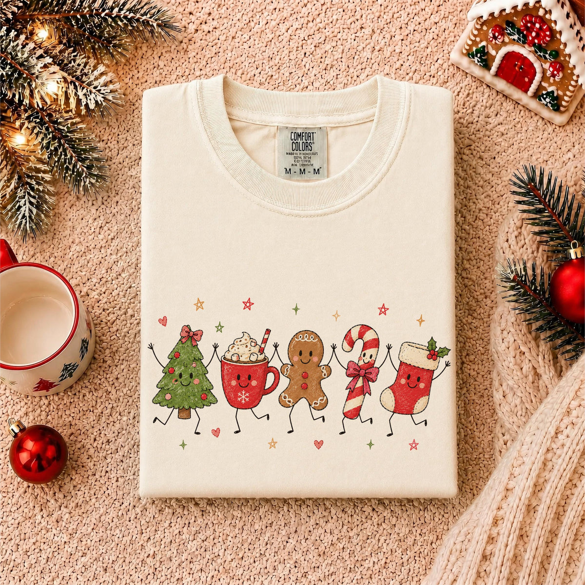 Christmas Doodles Comfort Colors® Shirt, Gingerbread Cookie T-Shirt, Candy Cane Holiday Tee, Christmas Friends Shirt