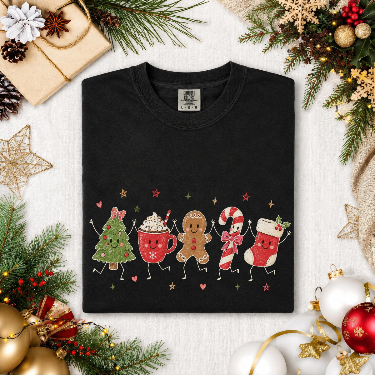Christmas Doodles Comfort Colors® Shirt, Gingerbread Cookie T-Shirt, Candy Cane Holiday Tee, Christmas Friends Shirt