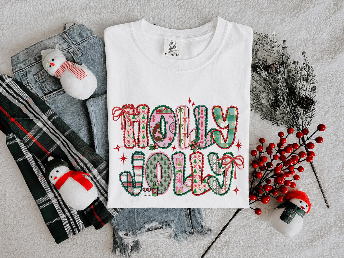 Holly Jolly Comfort Colors® Shirt, Christmas T-Shirt, Holiday Party Tee, Festive Xmas Shirt, Christmas Bow Tee
