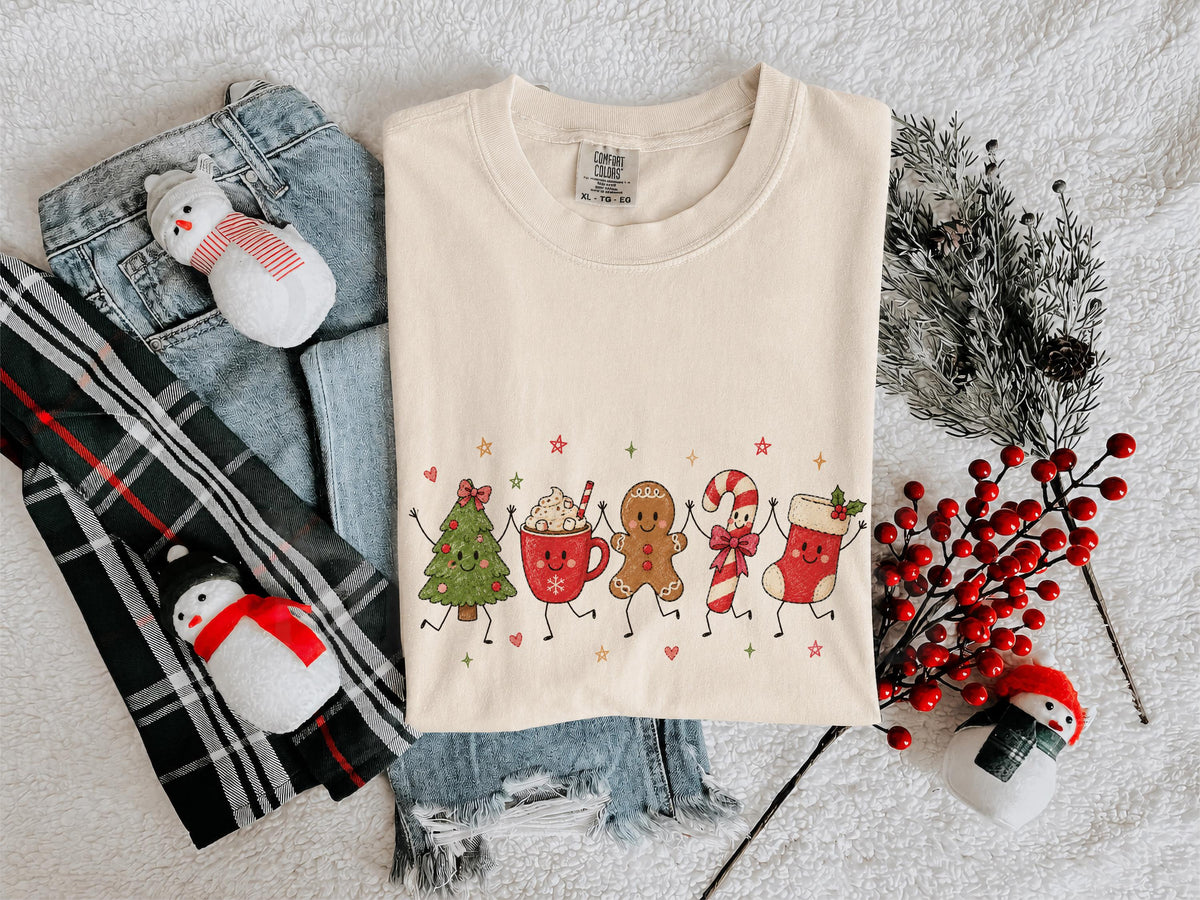 Christmas Doodles Comfort Colors® Shirt, Gingerbread Cookie T-Shirt, Candy Cane Holiday Tee, Christmas Friends Shirt