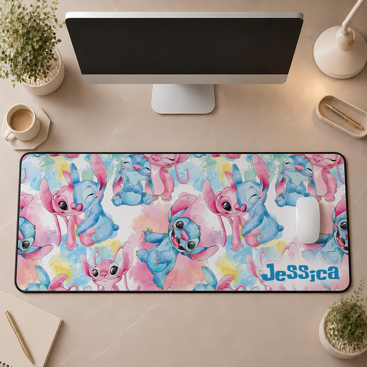 Personalized Name Cute Pink and Blue Monster Desk Mat, Kids Room Mouse Pad