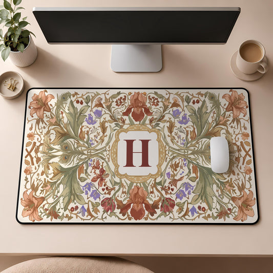 Custom Monogram Floral Desk Mat, Elegant Workspace Accessory Gift