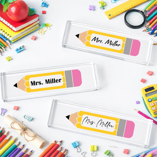 Personalized Acrylic Teacher Desk Name Plate, Pencil Design, Custom Name Sign