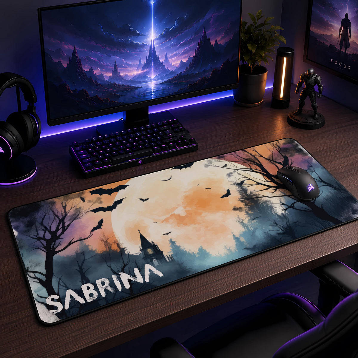Personalized Halloween Desk Mat, Spooky Bat Forest Mouse Pad, Gothic Gamer Accessory
