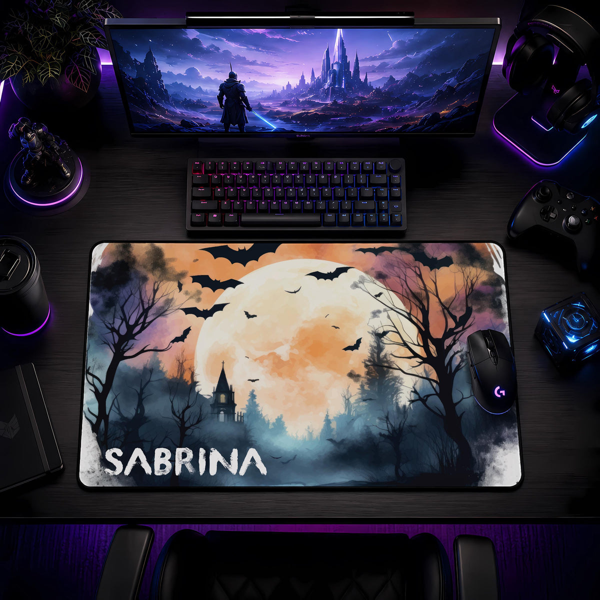 Personalized Halloween Desk Mat, Spooky Bat Forest Mouse Pad, Gothic Gamer Accessory