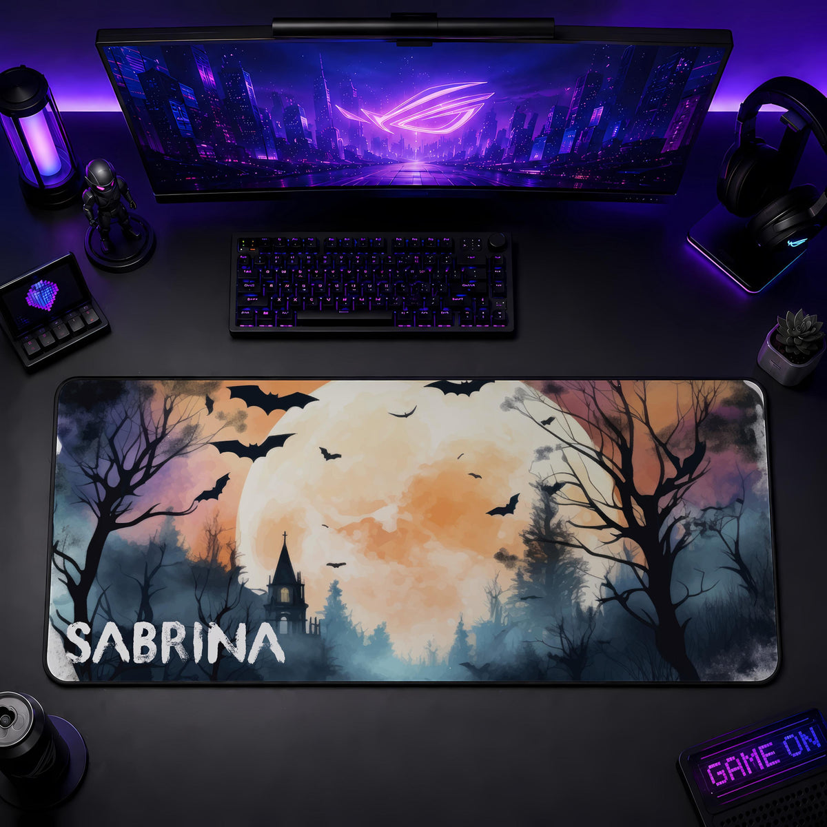 Personalized Halloween Desk Mat, Spooky Bat Forest Mouse Pad, Gothic Gamer Accessory