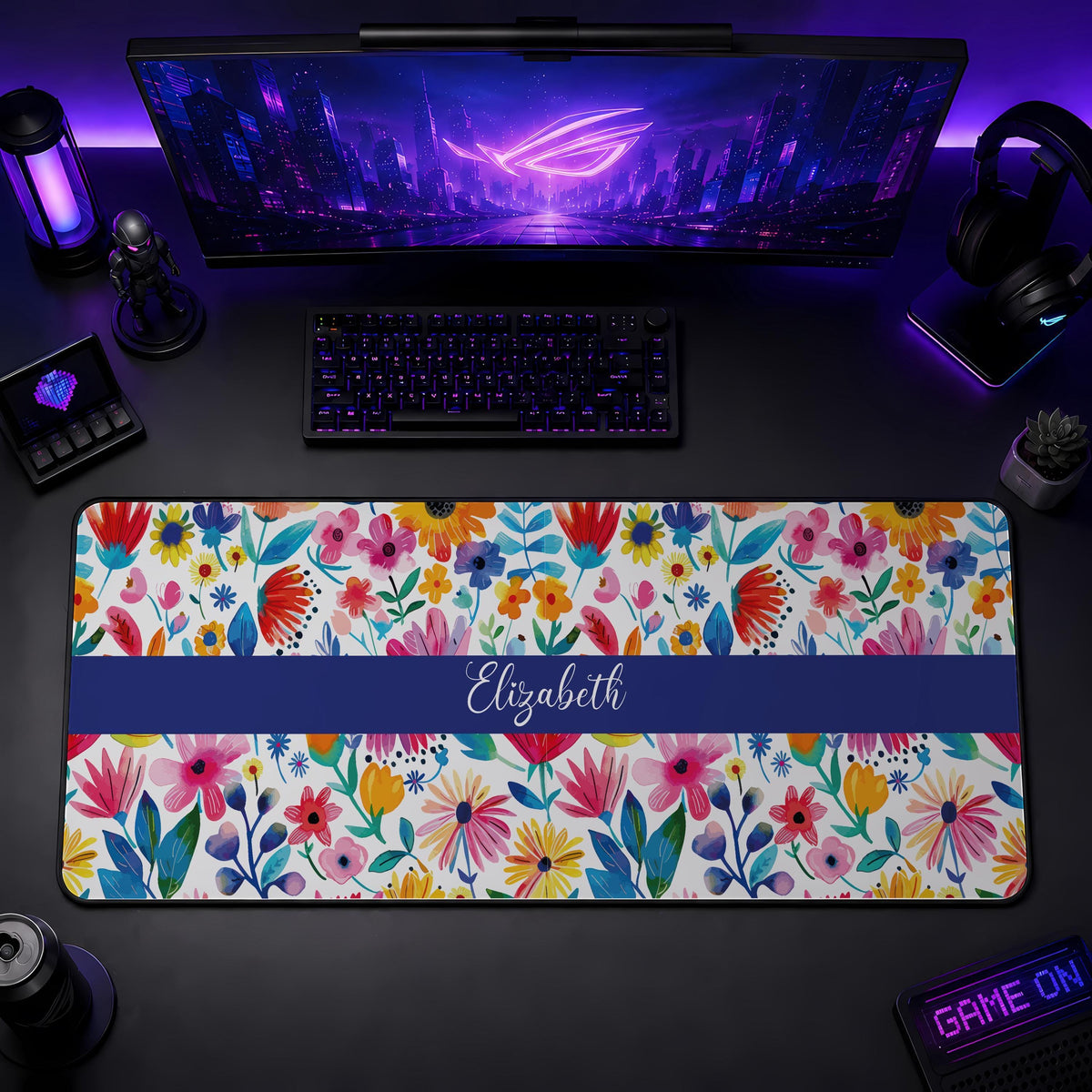 Personalized Floral Desk Mat, Watercolor Flowers Mouse Pad, Vibrant Spring Accessory