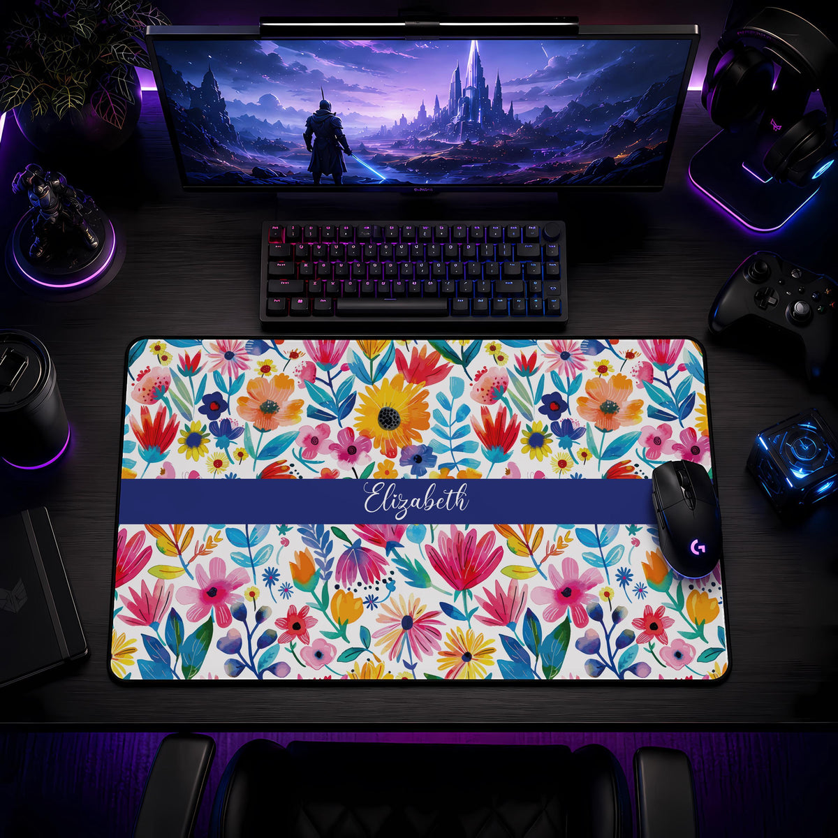 Personalized Floral Desk Mat, Watercolor Flowers Mouse Pad, Vibrant Spring Accessory