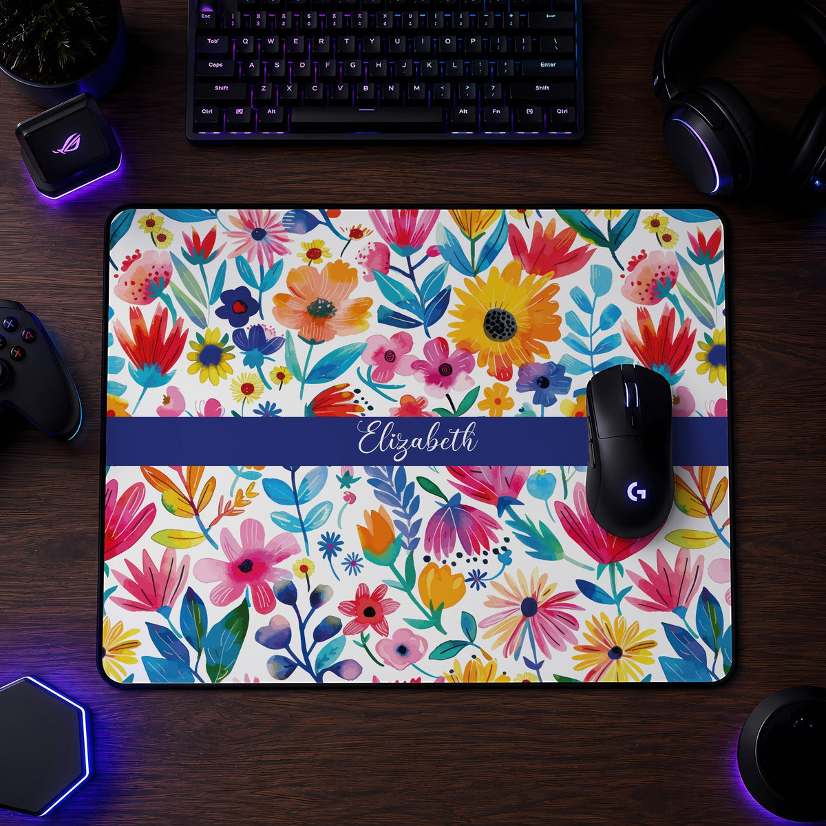 Personalized Floral Desk Mat, Watercolor Flowers Mouse Pad, Vibrant Spring Accessory