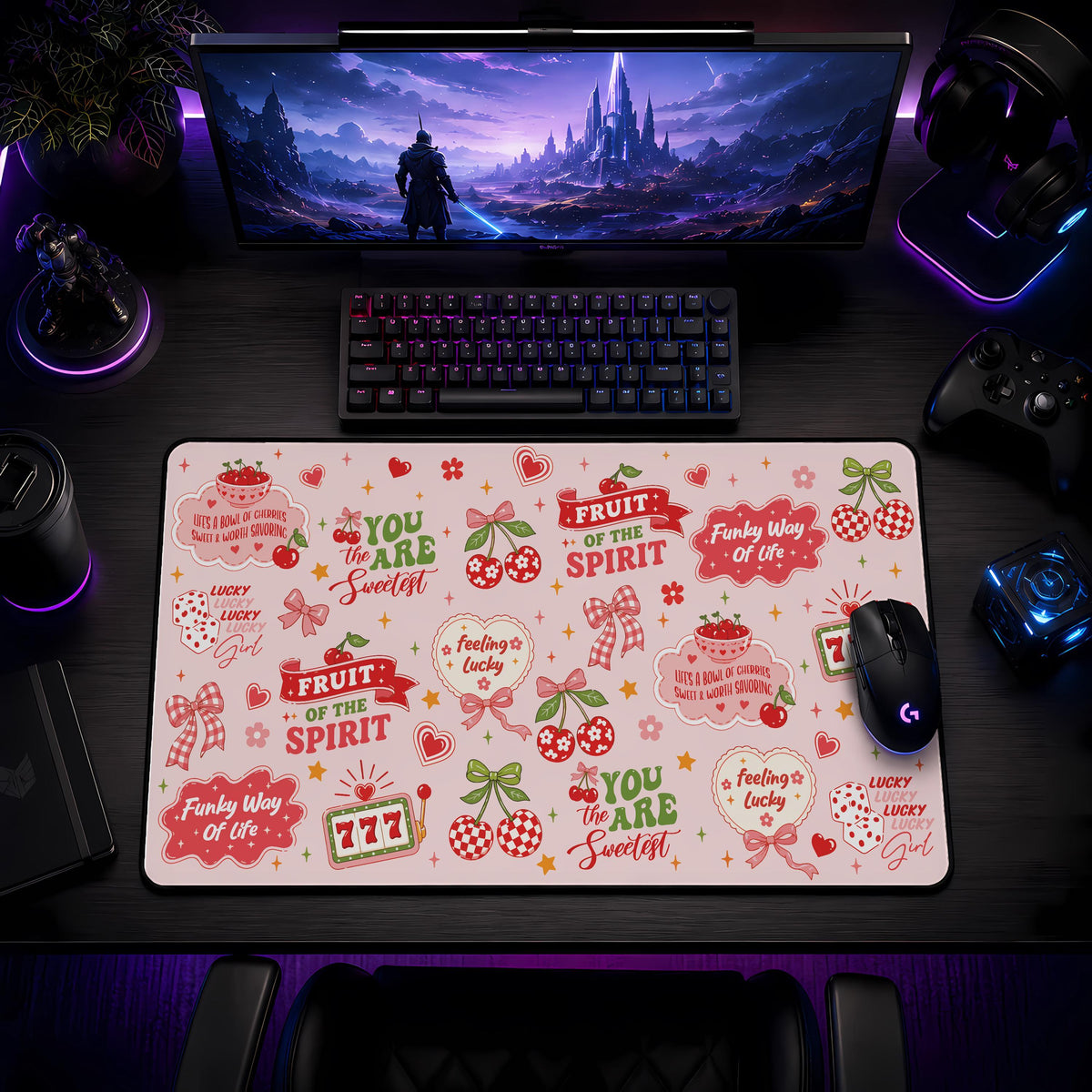 Lucky Cherry Desk Mat, Fruit of the Spirit, Coquette Office Decor, Gaming Mousepad