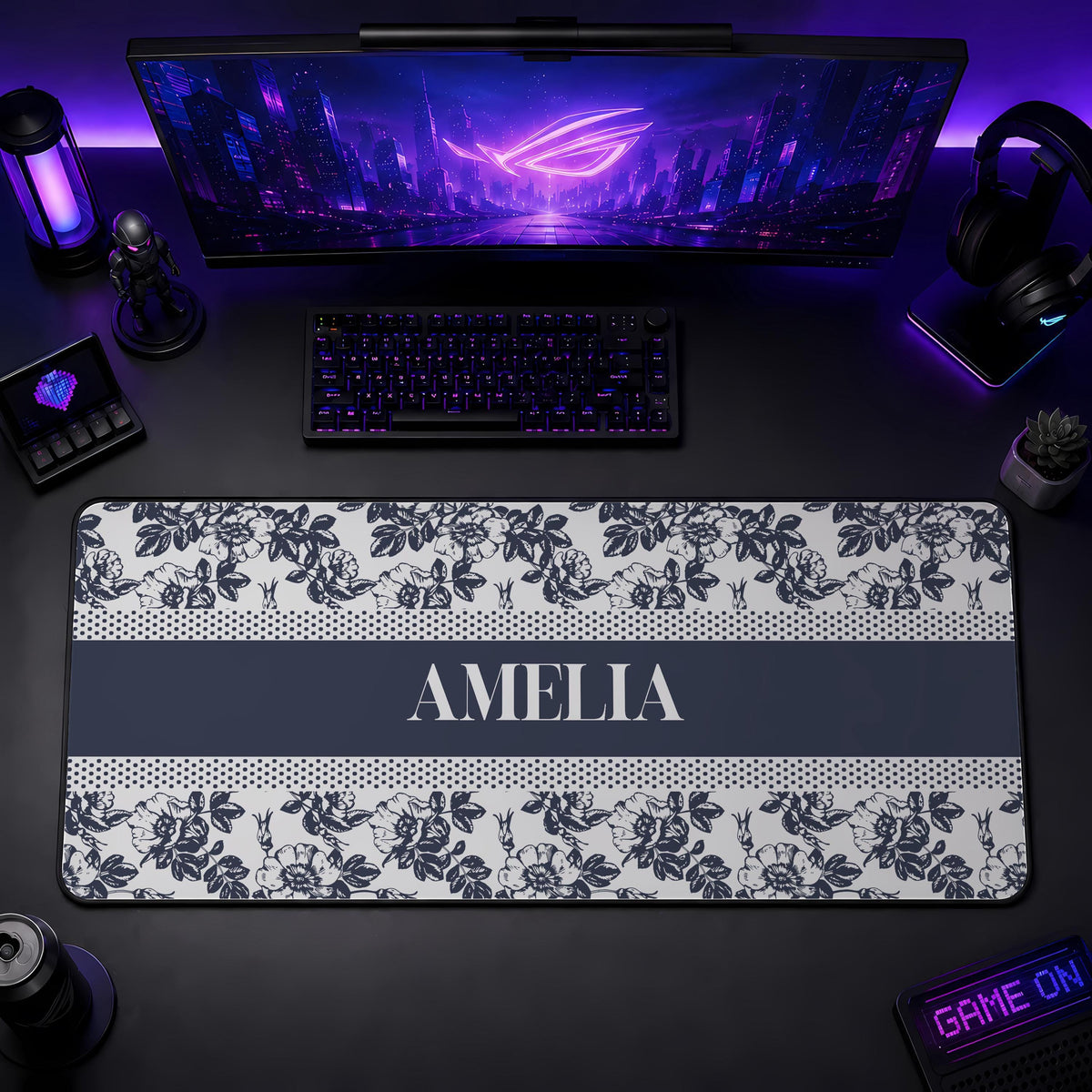Personalized Floral Desk Mat, Toile Office Decor, Custom Name Mouse Pad