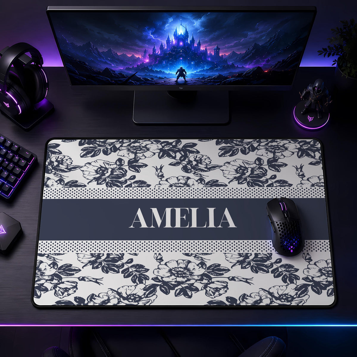 Personalized Floral Desk Mat, Toile Office Decor, Custom Name Mouse Pad