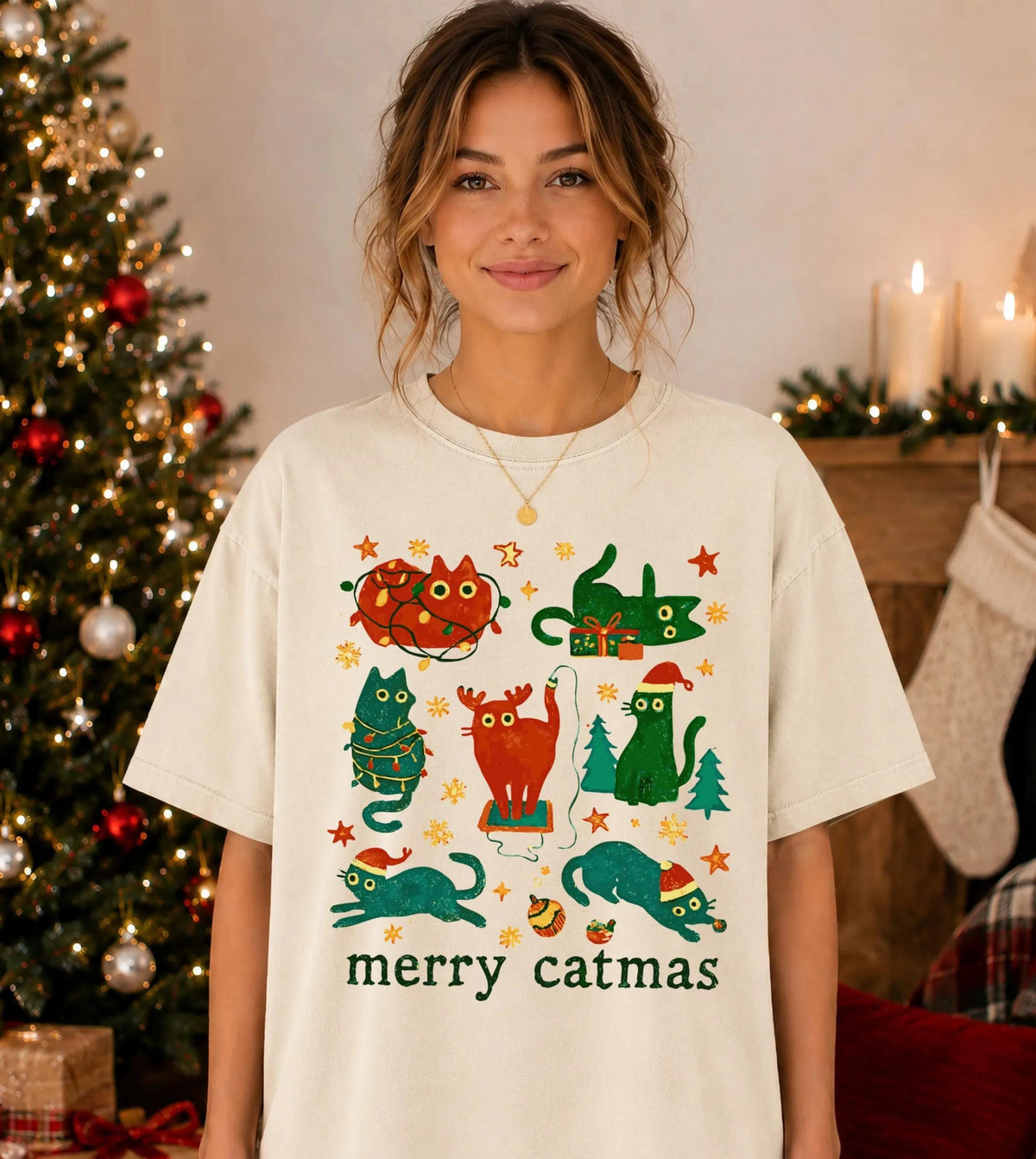 Merry Catmas Comfort Colors® T-Shirt, Cat Mom Xmas Tee, Cat Lover Holiday Gift