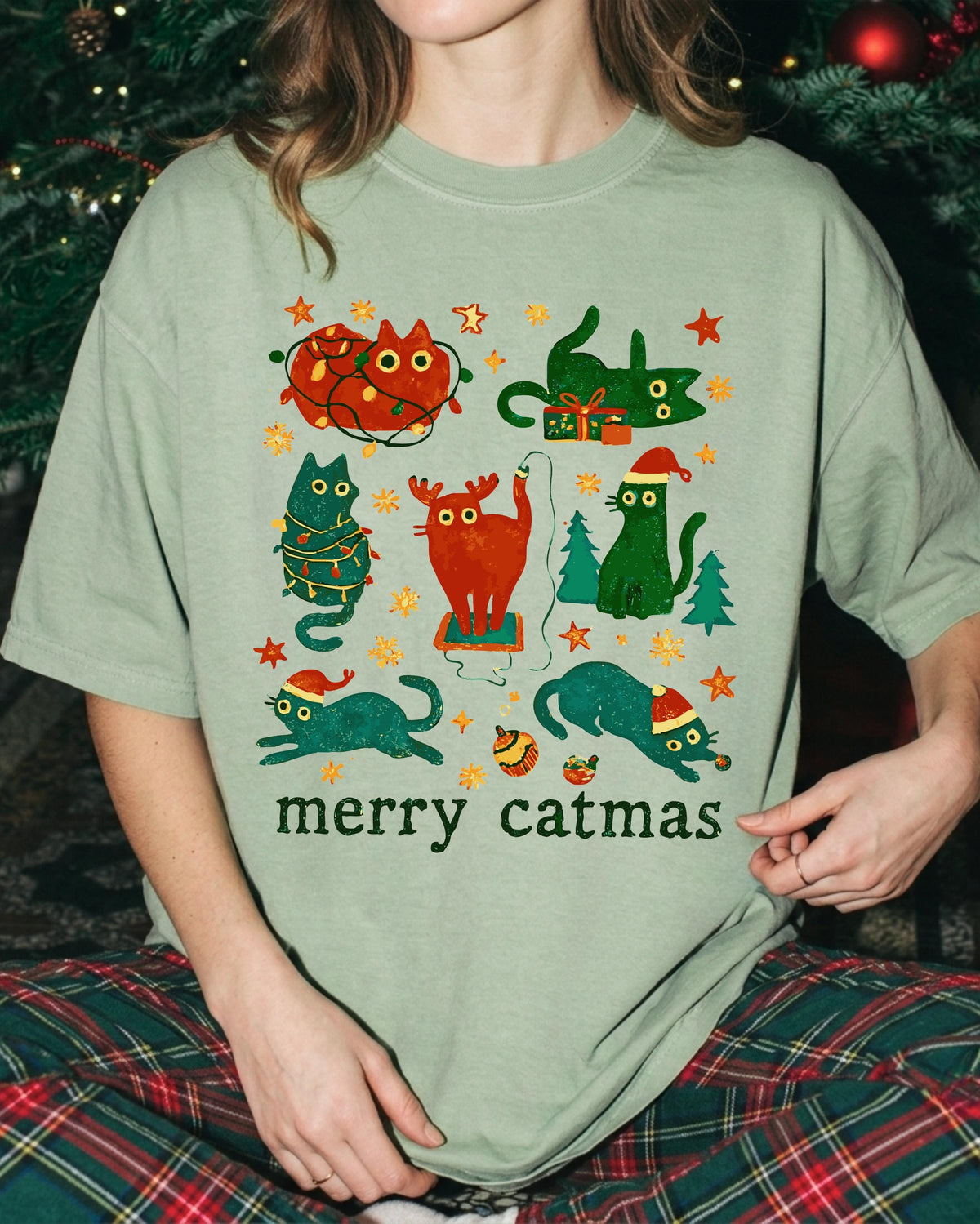 Merry Catmas Comfort Colors® T-Shirt, Cat Mom Xmas Tee, Cat Lover Holiday Gift
