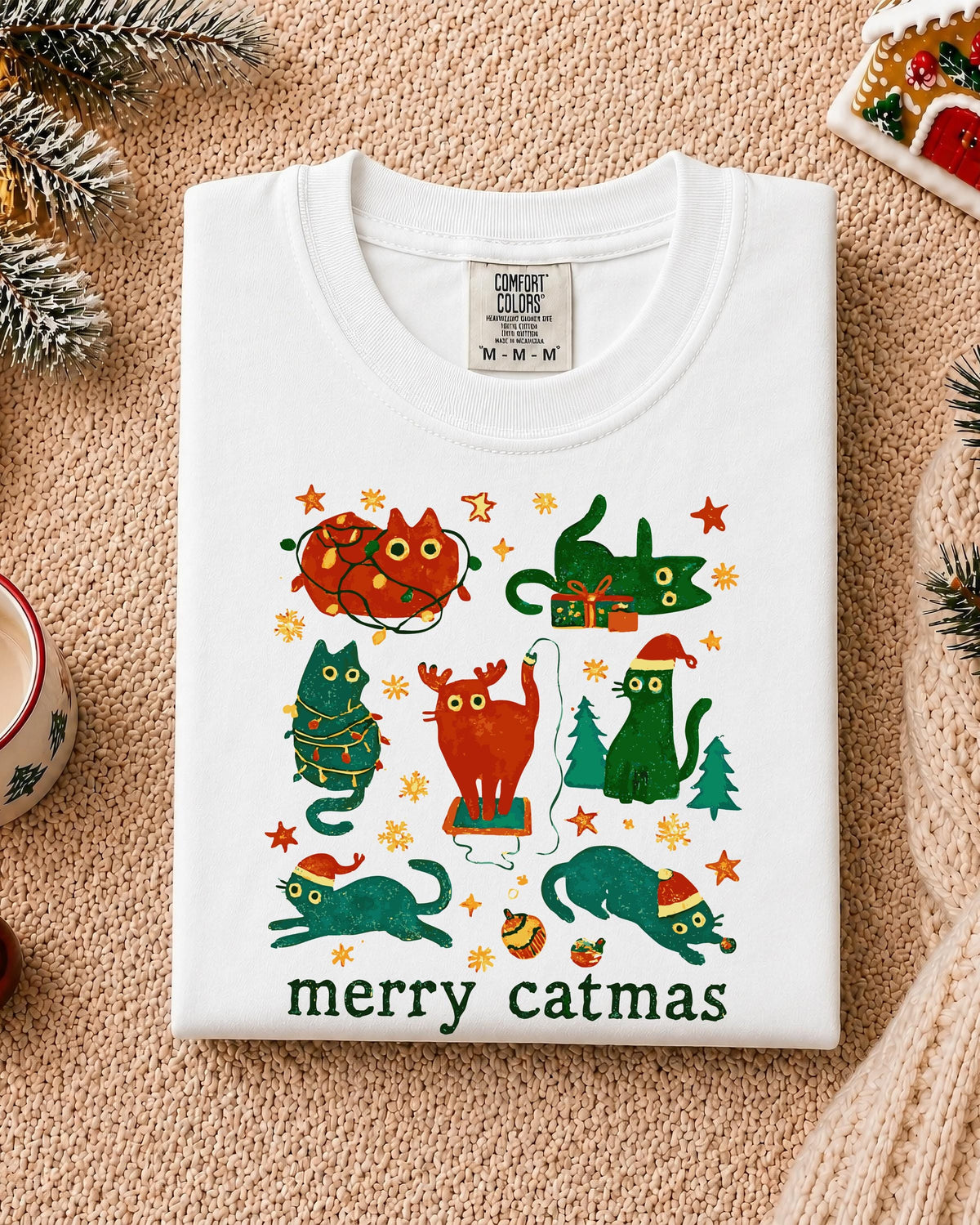 Merry Catmas Comfort Colors® T-Shirt, Cat Mom Xmas Tee, Cat Lover Holiday Gift