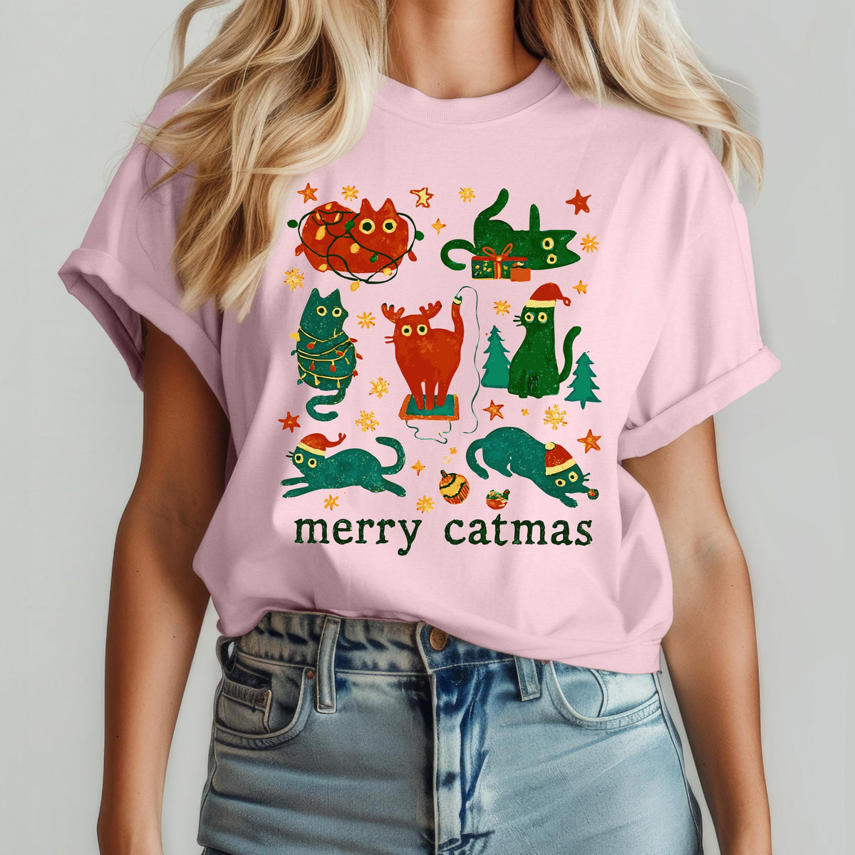 Merry Catmas Comfort Colors® T-Shirt, Cat Mom Xmas Tee, Cat Lover Holiday Gift