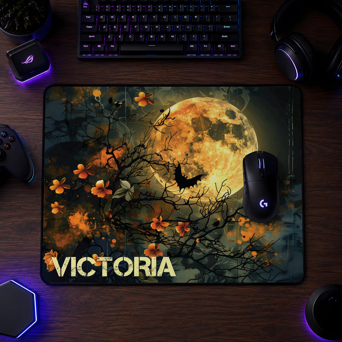 Personalized Halloween Desk Mat, Spooky Full Moon Mouse Pad, Gothic Workspace Accessory