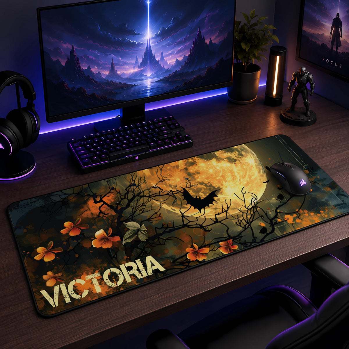Personalized Halloween Desk Mat, Spooky Full Moon Mouse Pad, Gothic Workspace Accessory