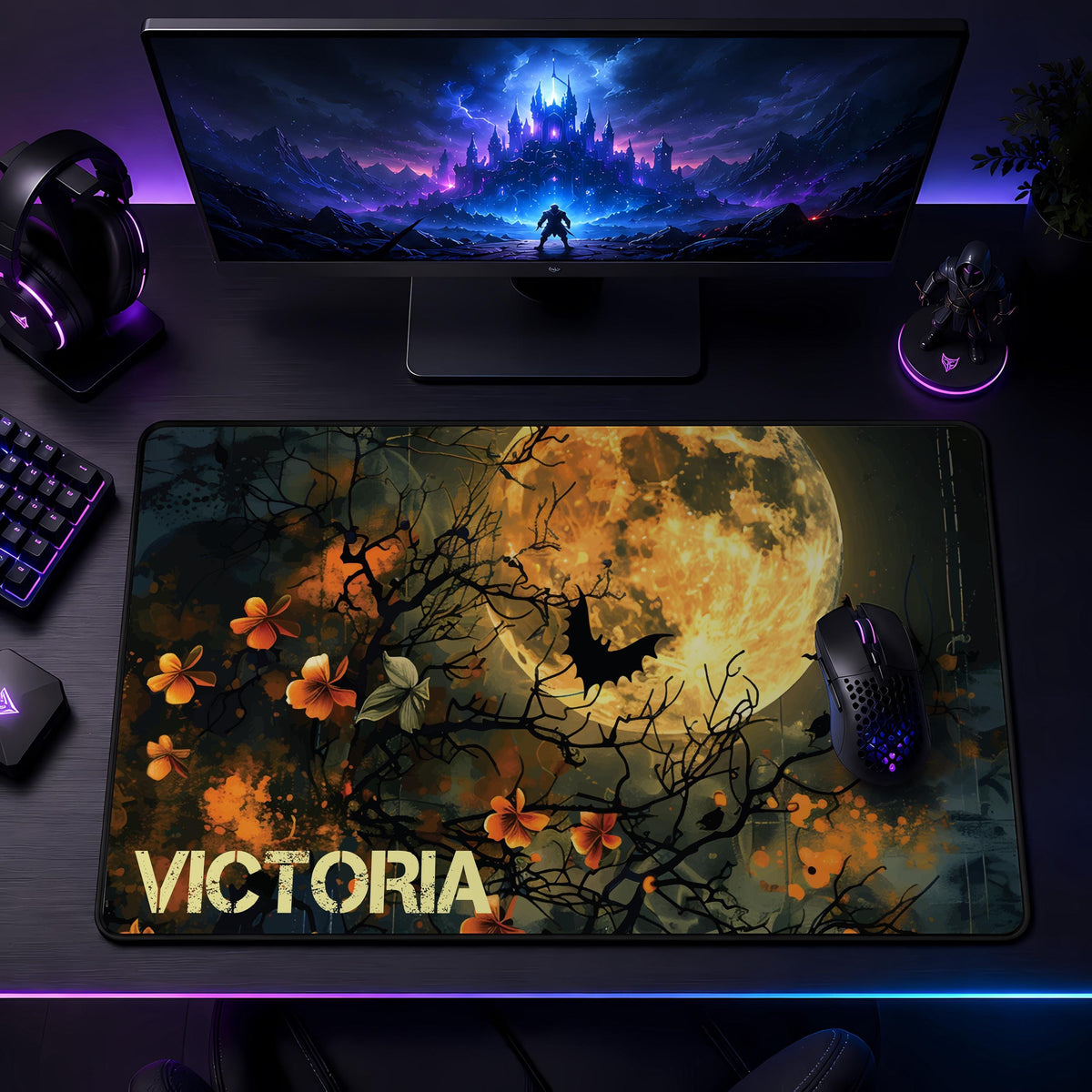 Personalized Halloween Desk Mat, Spooky Full Moon Mouse Pad, Gothic Workspace Accessory